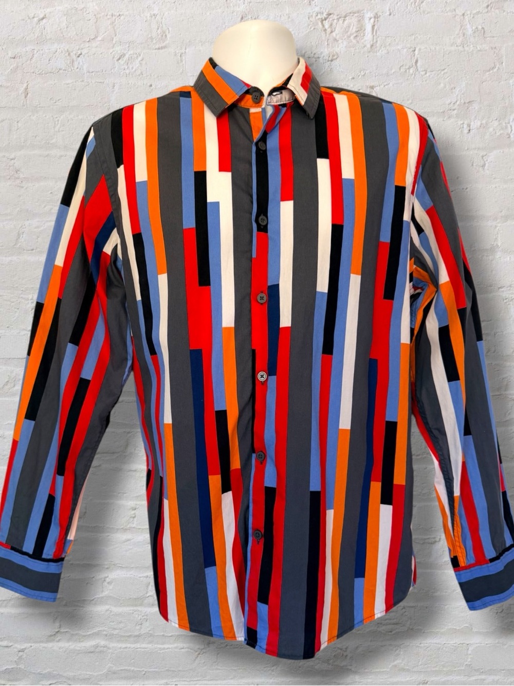 Alfani Men’s Medium Geometric Stripe Button Up Shirt Colorful Long Sleeve Cotton